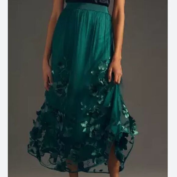 Anthropologie Floral Appliqué Tulle A-Line Skirt Emerald Green Medium